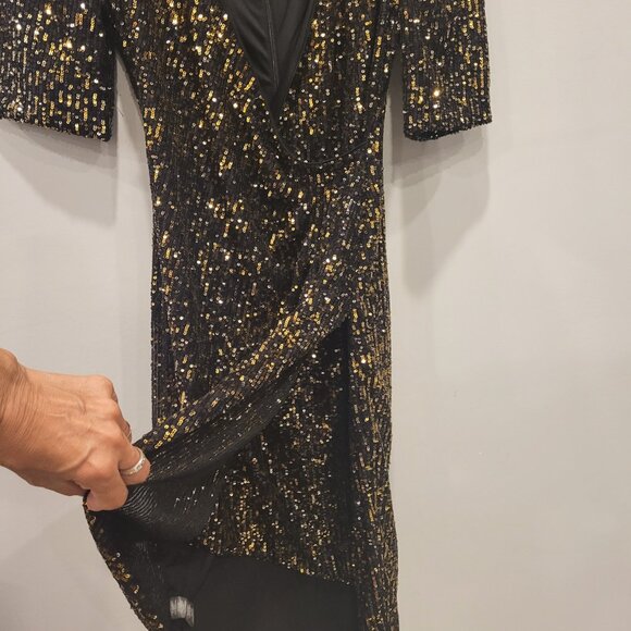 Calvin Klein Wrap Midi Dress Gold Sequense Formal Evening Dress - Picture 5 of 7